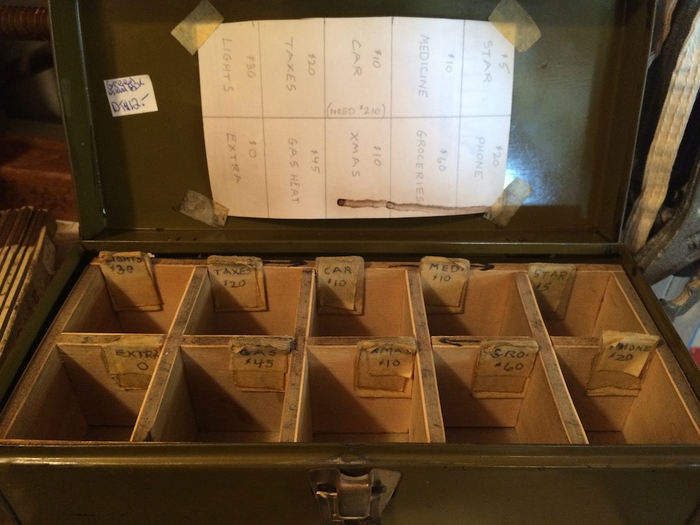 old-fashioned cash savings box with dividers for money management