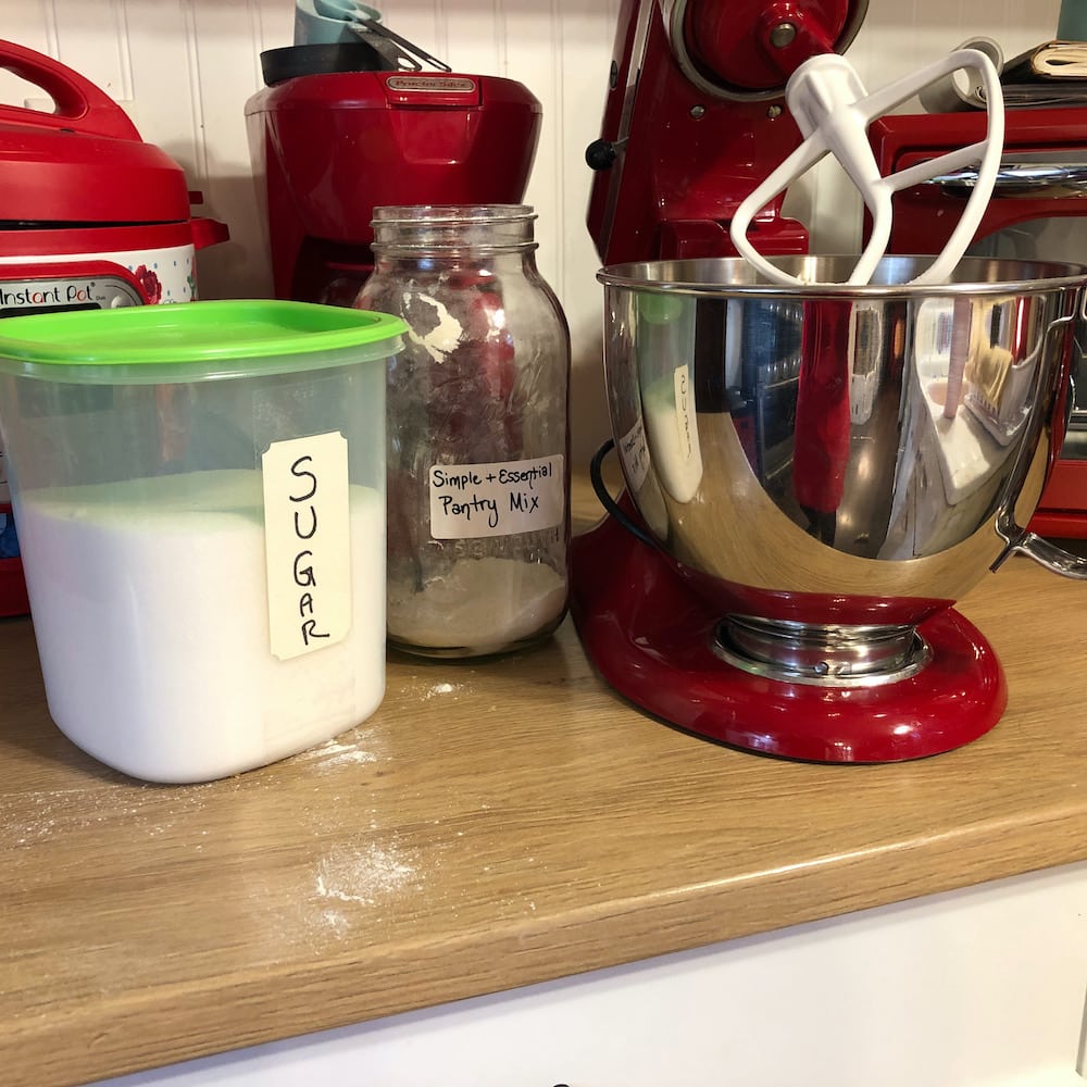 recipe ingredients with a red kitchen aid mixer